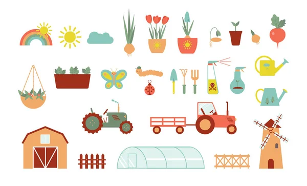 一组农场和农业的图标 植物和园艺工具 植树和植树护理 花的生意农业机械和技术 作物等方面的不利因素 — 图库矢量图片