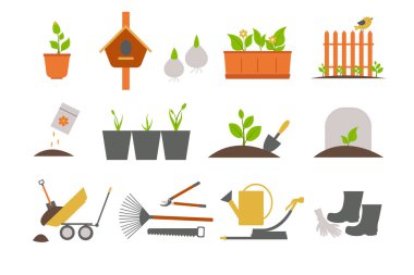 Bitkiler ve bahçe aletleri çim biçme küreği ve tırmık vektör spatulası ve saksılar saksı ağaçlarında çiçek kauçuk botlar ve bıçak kovası ve hortum ve sulama küreği ve plastik eldiven arabası..