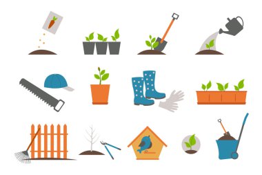 Bitkiler ve bahçe aletleri çim biçme küreği ve tırmık vektör spatulası ve saksılar saksı ağaçlarında çiçek kauçuk botlar ve bıçak kovası ve hortum ve sulama küreği ve plastik eldiven arabası..