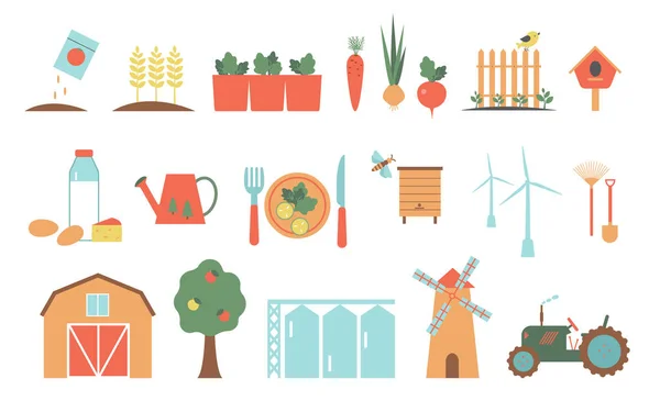 Conjunto Iconos Para Granja Agricultura Plantas Herramientas Jardinería Plantación Plantas — Vector de stock