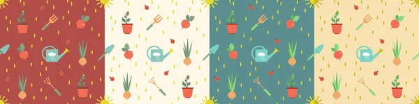 ファームツール 虹と植物で設定されたシームレスな園芸パターン ヒヤシンスとチューリップ ベクトルイラスト テキスタイル プリント 表面デザイン ファッション子供のための使用 — ストックベクタ