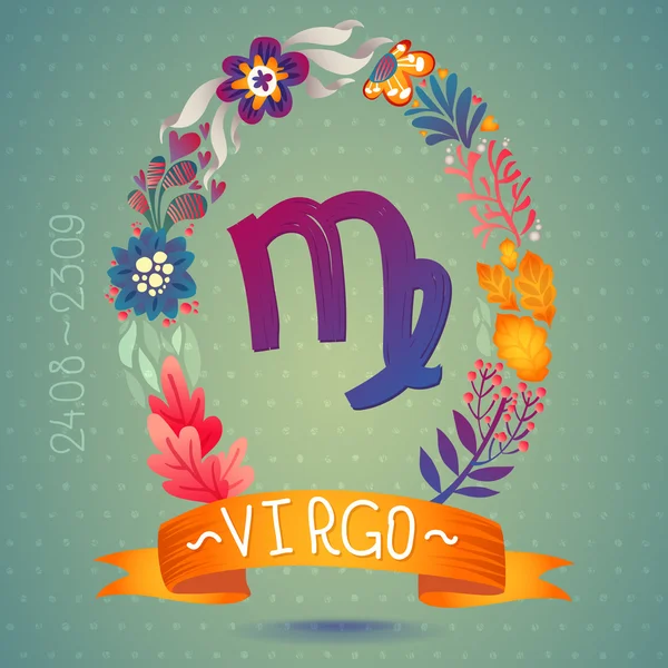Zodiac sign VIRGO, in sweet floral wreath. Horoscope sign, flowers, leaves and ribbon — Stock Photo, Image