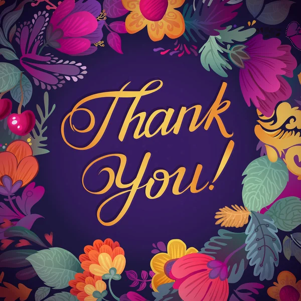 Dankeskarte in leuchtenden Farben. stilvoller floraler Hintergrund mit Text, Beeren, Blättern und Blume — Stockvektor