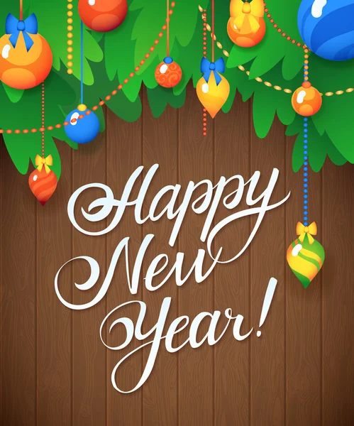 Vector Happy New Year bericht en objecten op hout achtergrond. — Stockvector