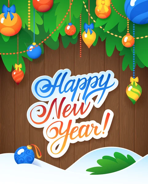 Vector Happy New Year Message and objects on wood background. — Stock Vector