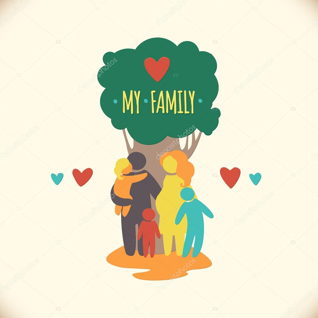 Happy family icon multicolored in simple figures. Three children, father and pregnant mother stand under a tree. Vector can be used as logotype