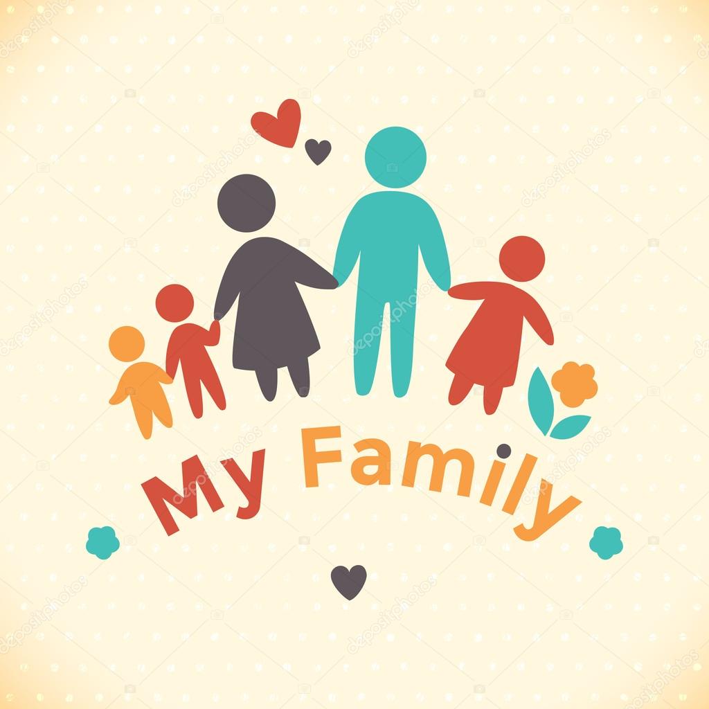 Happy family icon multicolored in simple figures. Three children, dad and mom stand together. Vector can be used as logotype