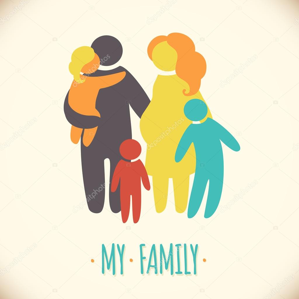 Happy family icon multicolored in simple figures. Three children, father and pregnant mother stand together. Vector can be used as logotype