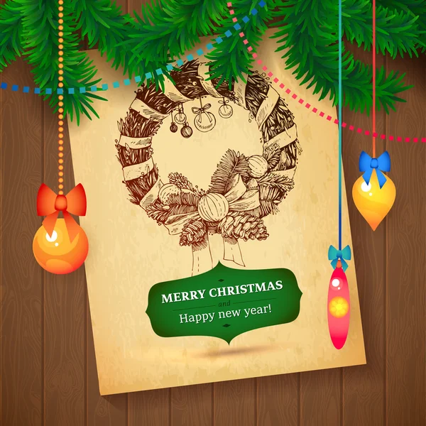 Natal mão desenhada cartão de esboço Vecrot para xmas design com bolas . — Vetor de Stock