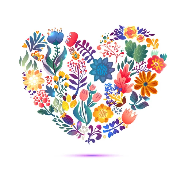 Tarjeta de amor con ramo floral. Día de San Valentín vector ilustración con forma de corazón — Vector de stock