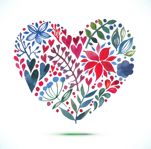 Biglietto d'amore con bouquet floreale ad acquerello. Illustrazione vettoriale di San Valentino con forma cardiaca — Vettoriale Stock