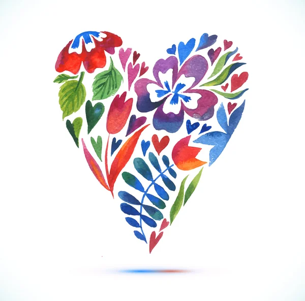 Tarjeta de amor con ramo floral de acuarela. Día de San Valentín vector ilustración con forma de corazón — Vector de stock