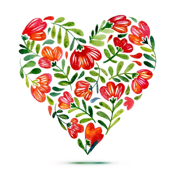 Tarjeta de amor con ramo floral de acuarela. Ilustración de vector de flor de amapola con forma de corazón — Vector de stock