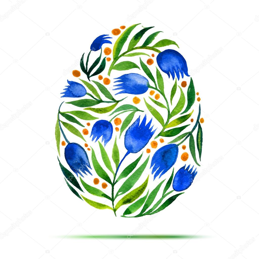 Template for Easter  greeting card or invitation. Happy Easter! Watercolor flower tulips egg