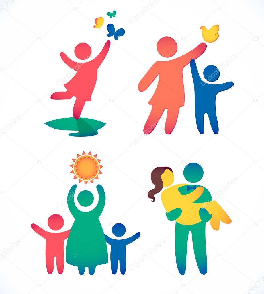 Happy family icons, multicolored simple figures set. Children, dad and mom stand together.