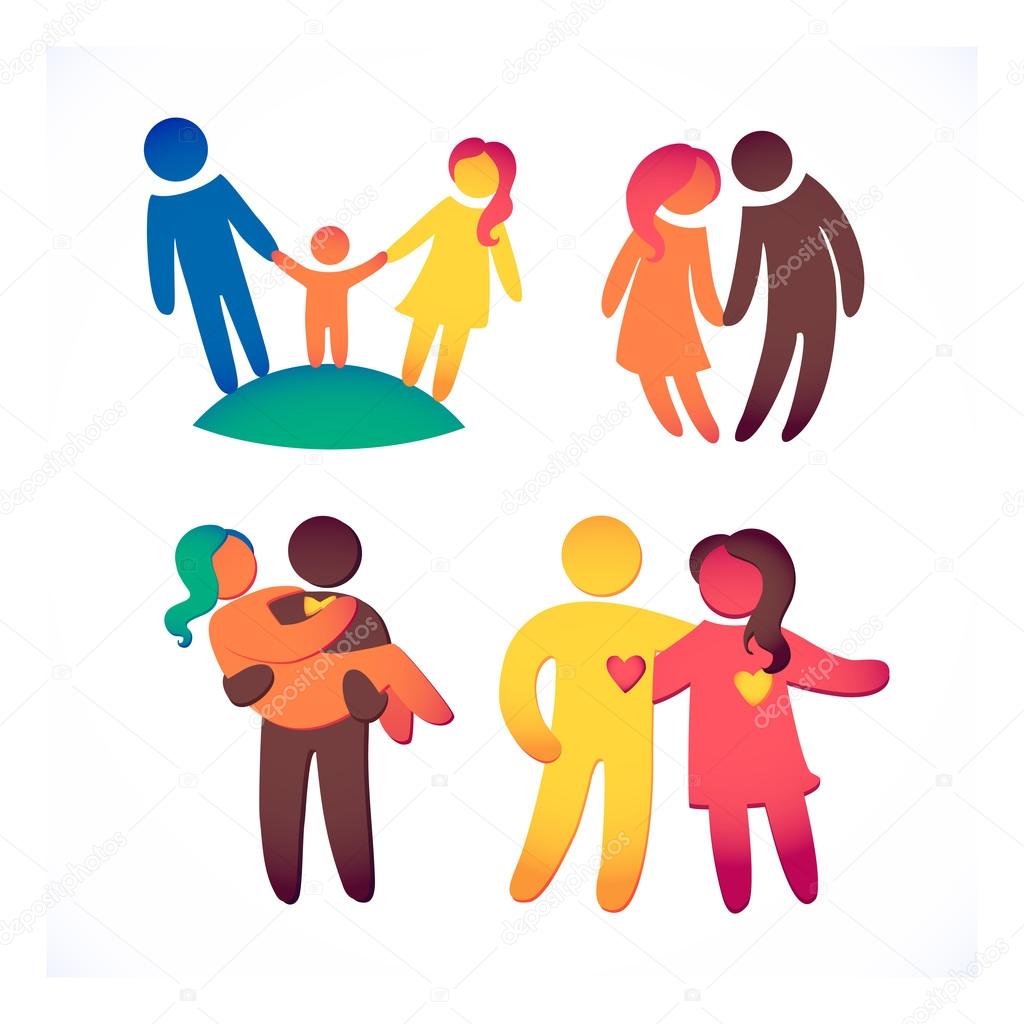 Happy family icons, multicolored simple figures set. Children, dad and mom stand together.