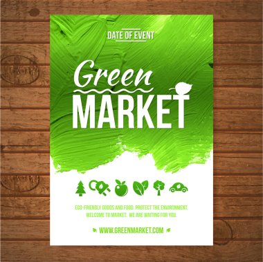 Ecology Green market invitation poster. Green stroke trees and shrubs on wood background clipart