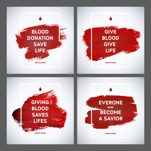 Creative Blood Donor Day motivation information donor poster set. Blood Donation. World Blood Donor Day banner. Red stroke and text. Medical design elements. Grunge texture.