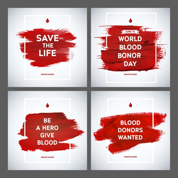 Día del Donante de Sangre Creativo información de motivación cartel del donante conjunto. Donación de sangre. Banner del Día Mundial del Donante de Sangre. Trazo rojo y texto. Elementos de diseño médico. Textura grunge . — Vector de stock