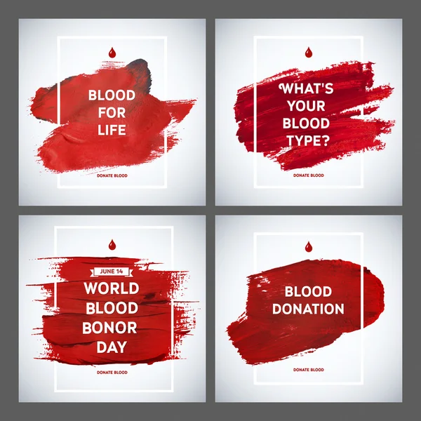 Creative Blood Donor Day motivation information donor poster set. Don de sang. Bannière de la Journée mondiale du don de sang. Un coup rouge et un texto. Éléments de conception médicale. Texture grunge . — Image vectorielle