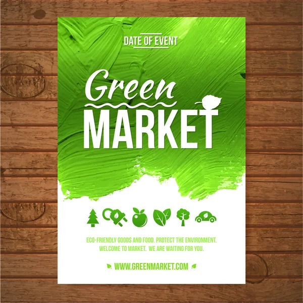 Ecologie Affiche d'invitation au marché vert. Arbres et arbustes verts sur fond de bois — Image vectorielle