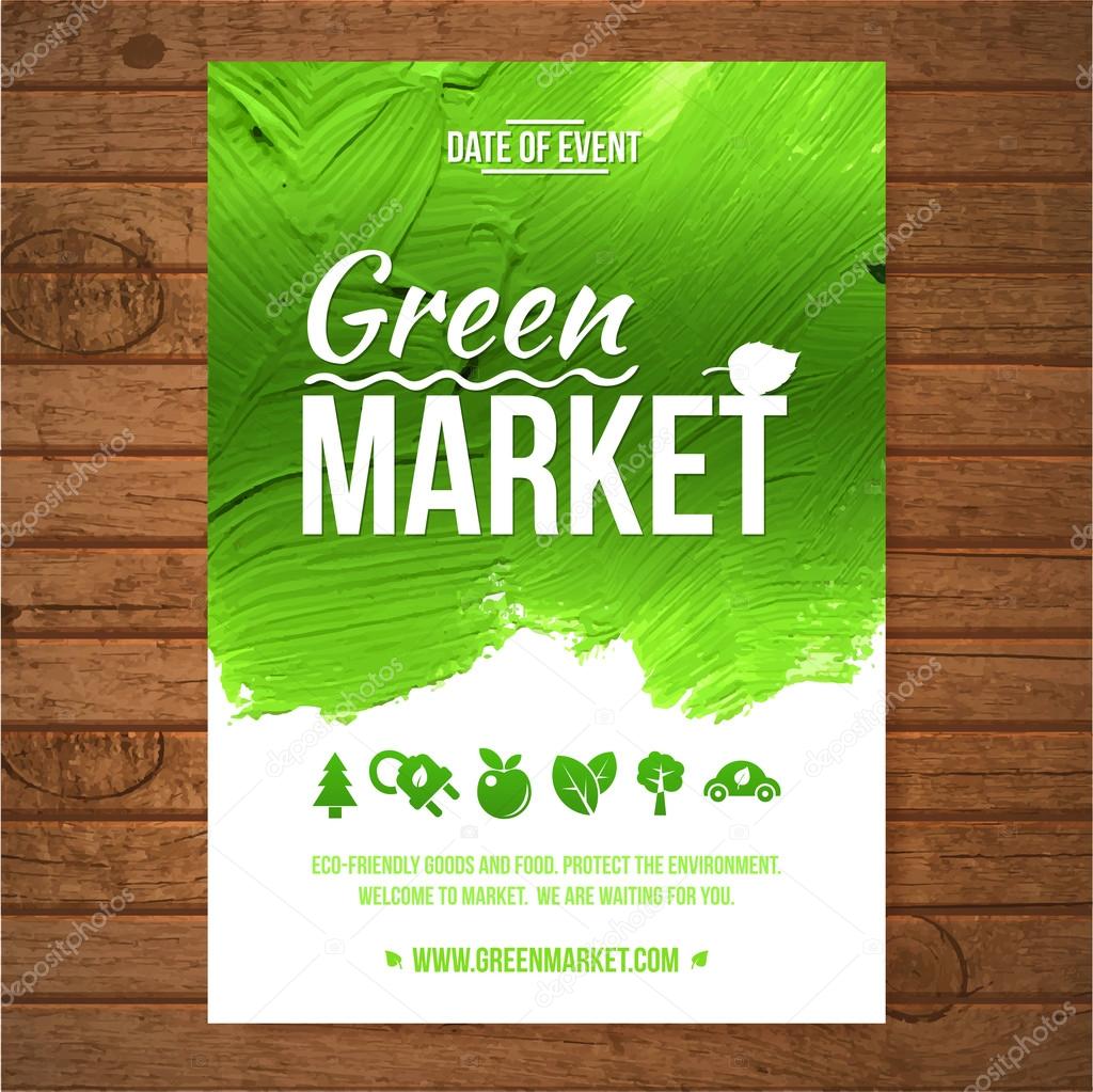Ecology Green market invitation poster. Green stroke trees and shrubs on wood background