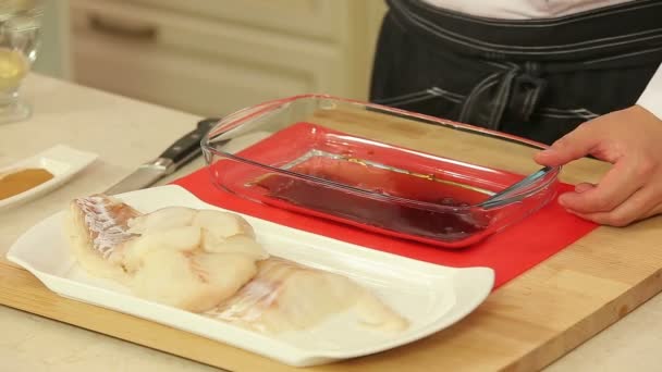 Preparing marinade for fish fillet — Stock Video