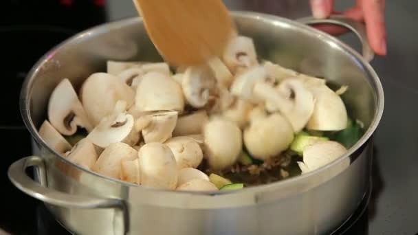 Champignon ile sebze çorbası pişirme — Stok video