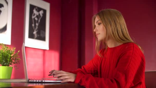Νεαρή κοπέλα που εργάζεται με υπολογιστή στο σπίτι — Αρχείο Βίντεο