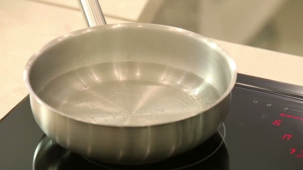 Шеф-повар кладет соль в горячую воду — стоковое видео