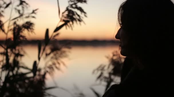 Primer plano de una joven morena bonita jugando con hierba viendo la salida del sol sobre el lago — Vídeo de stock