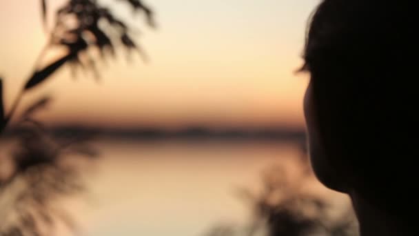 Close Up of a Young Pretty Brunette Brincando com grama assistindo nascer do sol sobre o lago — Vídeo de Stock