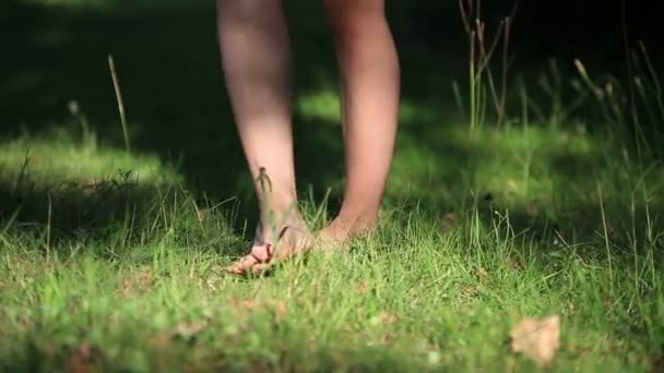 Meisje dragen van lichte zomer jurk wandelen in het veld op zonnige dag buiten — Stockvideo