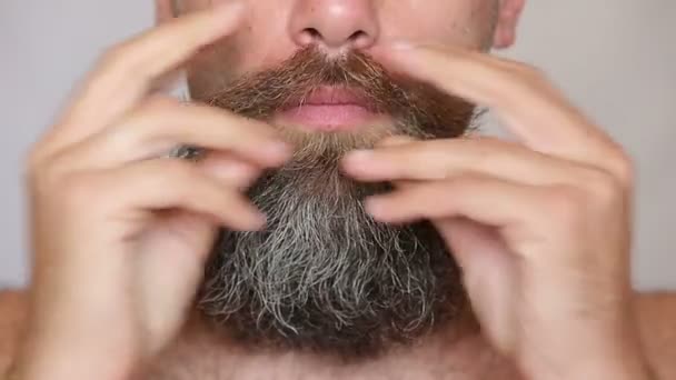 Hombre blanco cuidando de su exuberante barba y bigote — Vídeos de Stock