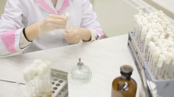 Trabajos de laboratorio de microbiología con tubos de ensayo — Vídeo de stock