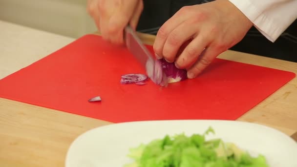 Chef picando cebolla roja para ensalada — Vídeos de Stock