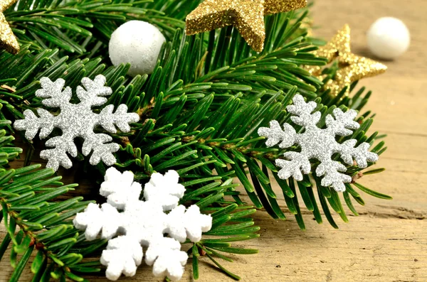 Astbaum mit Schneeflocke und goldenem Stern — Stockfoto