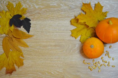 Balkabaklarının, balkabağı tohumlarının ve ahşap arka planda renkli yaprakların şenlikli sonbahar dekoru. Cadılar Bayramı konsepti Boşluğu kopyala, üst görünüm