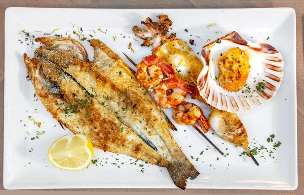 Mixed grilled sea food. Sea bass, cuttlefish and prawns with lemon. Shrimp and oyster