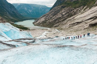 Turistler Jostedal Buzulu 'nun dalından iniyorlar.