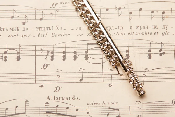 Flauta sobre fondo de notas musicales — Foto de Stock