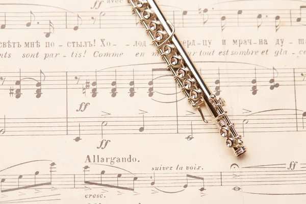 Flauta sobre fondo de notas musicales — Foto de Stock