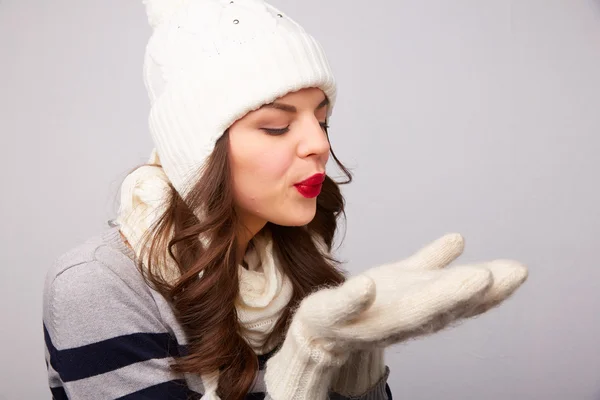 Girl in white hat and scarf — Stock Photo, Image