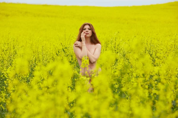 Ragazza nuda in piedi in campo giallo — Foto Stock