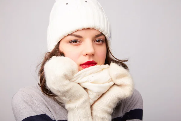 Beautiful girl in white hat and scarf — Stock Photo, Image