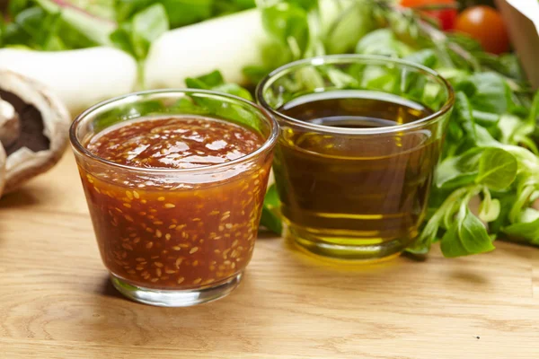Sauce salad dressing cooking ingredients — Stock Photo, Image