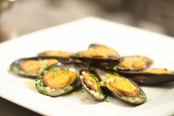 Fresh tasty mussels on plate — Stock Photo, Image