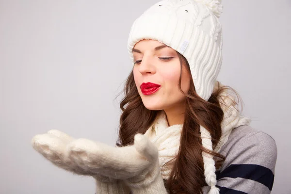 Girl in a white hat and scarf — Stock Photo, Image