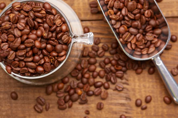 Свежие кофейные зерна в чашке и совок — стоковое фото