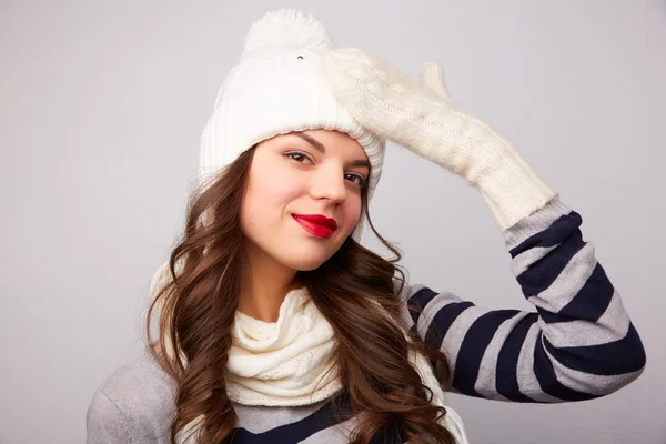 Girl in white hat and scarf — Stock Photo, Image